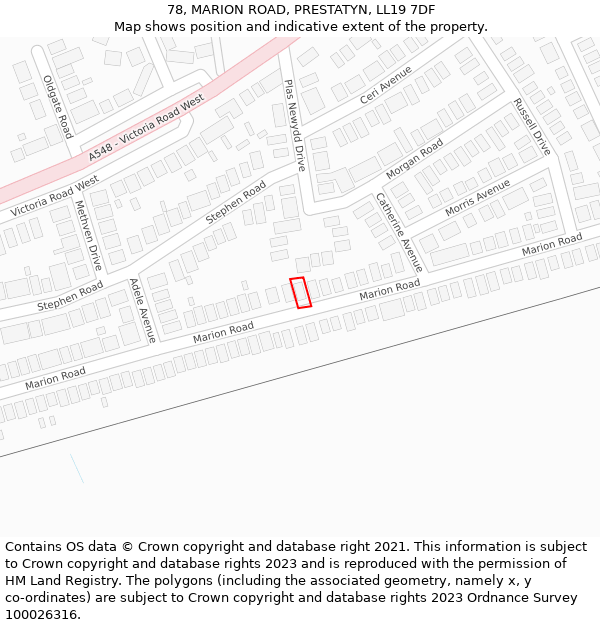 78, MARION ROAD, PRESTATYN, LL19 7DF: Location map and indicative extent of plot