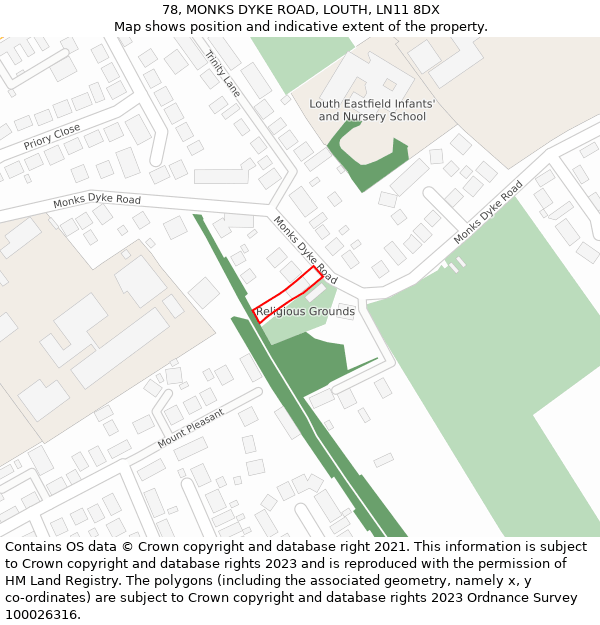 78, MONKS DYKE ROAD, LOUTH, LN11 8DX: Location map and indicative extent of plot