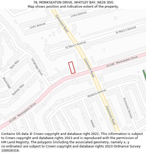 78, MONKSEATON DRIVE, WHITLEY BAY, NE26 3DG: Location map and indicative extent of plot