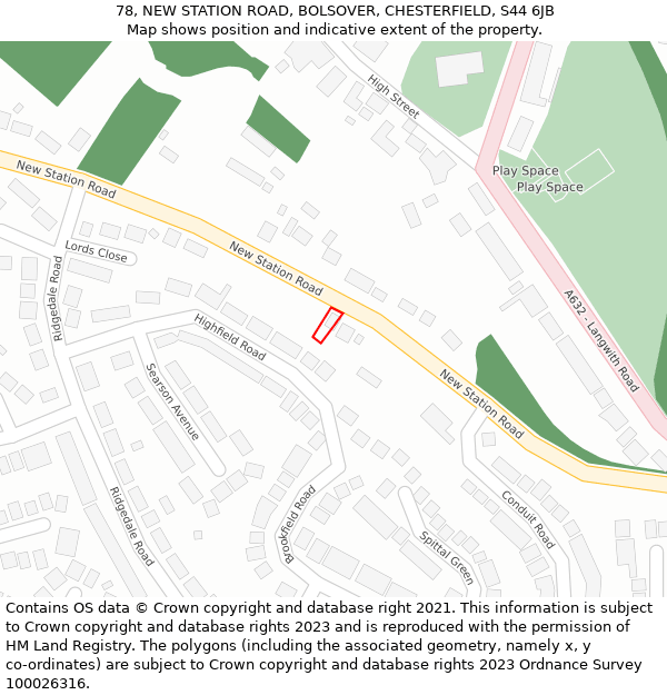 78, NEW STATION ROAD, BOLSOVER, CHESTERFIELD, S44 6JB: Location map and indicative extent of plot