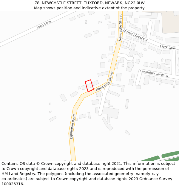 78, NEWCASTLE STREET, TUXFORD, NEWARK, NG22 0LW: Location map and indicative extent of plot