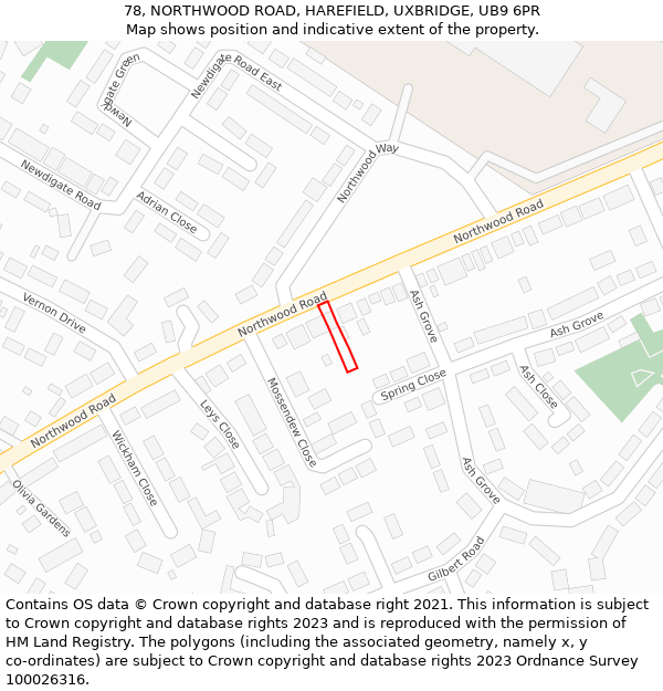 78, NORTHWOOD ROAD, HAREFIELD, UXBRIDGE, UB9 6PR: Location map and indicative extent of plot