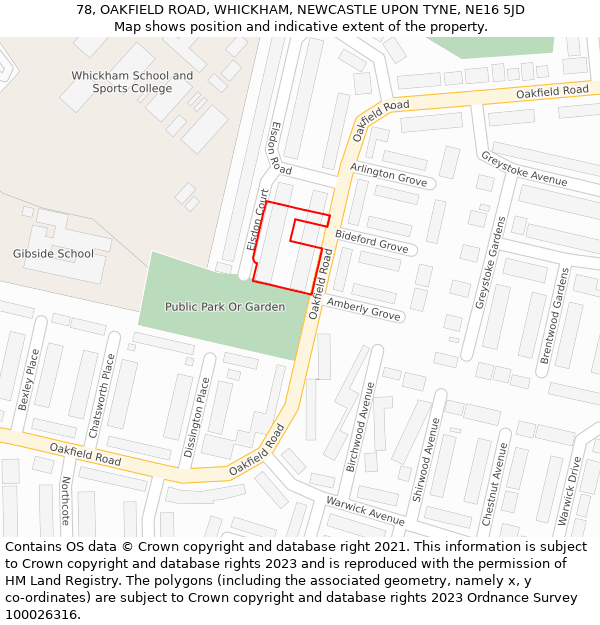 78, OAKFIELD ROAD, WHICKHAM, NEWCASTLE UPON TYNE, NE16 5JD: Location map and indicative extent of plot