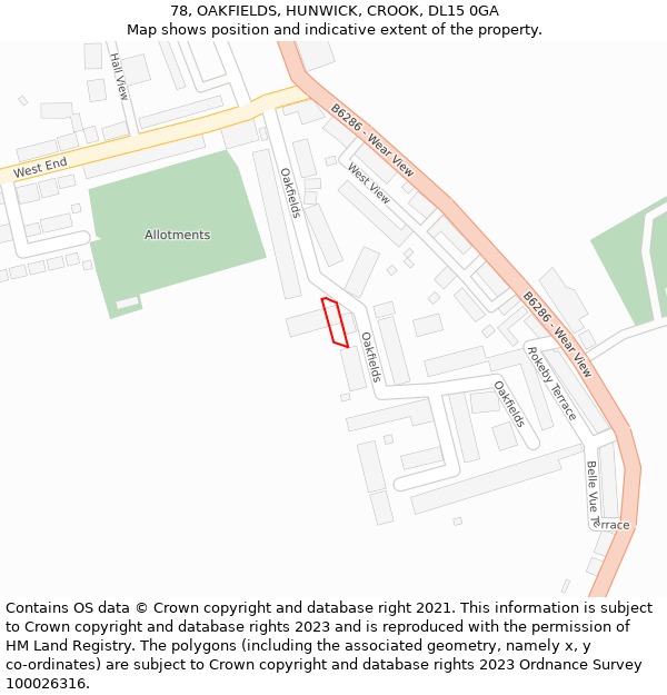 78, OAKFIELDS, HUNWICK, CROOK, DL15 0GA: Location map and indicative extent of plot