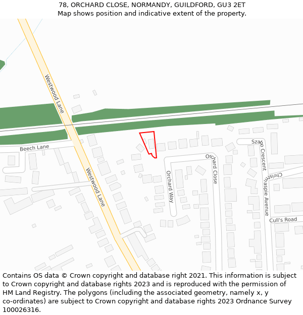 78, ORCHARD CLOSE, NORMANDY, GUILDFORD, GU3 2ET: Location map and indicative extent of plot