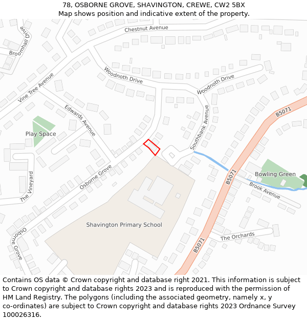 78, OSBORNE GROVE, SHAVINGTON, CREWE, CW2 5BX: Location map and indicative extent of plot