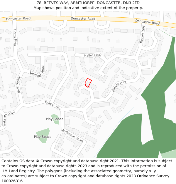 78, REEVES WAY, ARMTHORPE, DONCASTER, DN3 2FD: Location map and indicative extent of plot