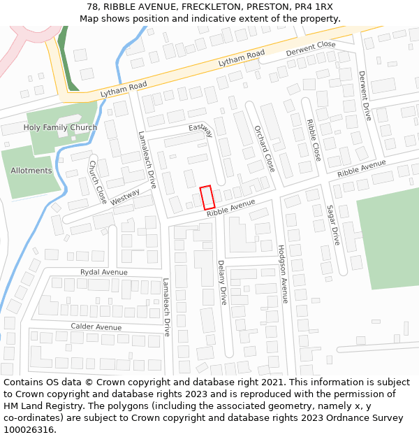 78, RIBBLE AVENUE, FRECKLETON, PRESTON, PR4 1RX: Location map and indicative extent of plot