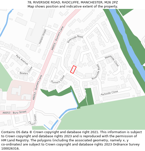 78, RIVERSIDE ROAD, RADCLIFFE, MANCHESTER, M26 2PZ: Location map and indicative extent of plot