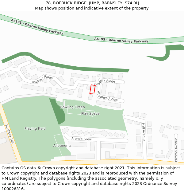 78, ROEBUCK RIDGE, JUMP, BARNSLEY, S74 0LJ: Location map and indicative extent of plot