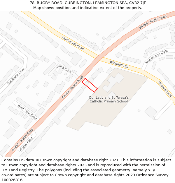 78, RUGBY ROAD, CUBBINGTON, LEAMINGTON SPA, CV32 7JF: Location map and indicative extent of plot