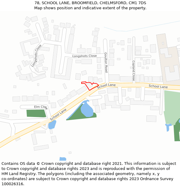 78, SCHOOL LANE, BROOMFIELD, CHELMSFORD, CM1 7DS: Location map and indicative extent of plot