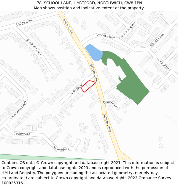 78, SCHOOL LANE, HARTFORD, NORTHWICH, CW8 1PN: Location map and indicative extent of plot