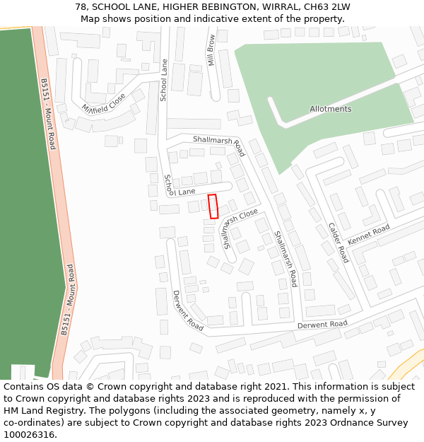 78, SCHOOL LANE, HIGHER BEBINGTON, WIRRAL, CH63 2LW: Location map and indicative extent of plot
