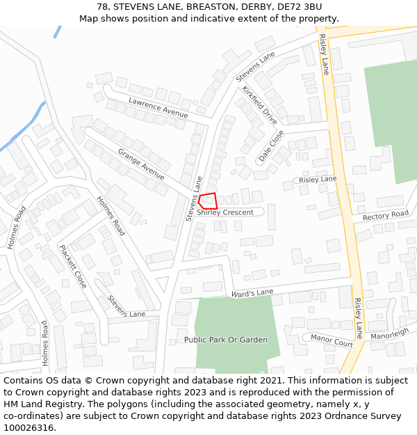 78, STEVENS LANE, BREASTON, DERBY, DE72 3BU: Location map and indicative extent of plot