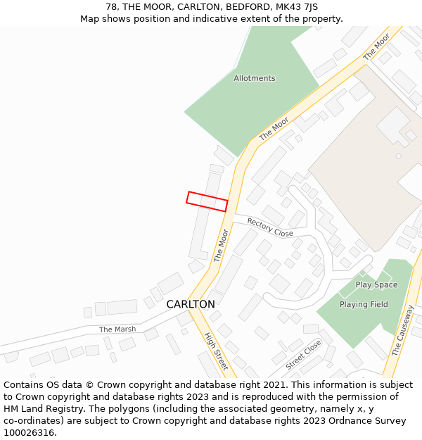 78, THE MOOR, CARLTON, BEDFORD, MK43 7JS: Location map and indicative extent of plot
