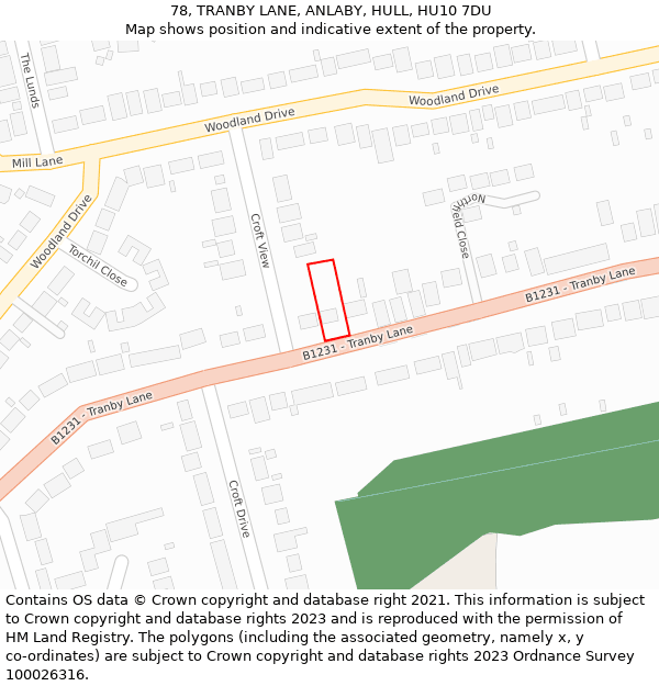 78, TRANBY LANE, ANLABY, HULL, HU10 7DU: Location map and indicative extent of plot