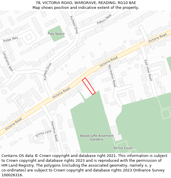 78, VICTORIA ROAD, WARGRAVE, READING, RG10 8AE: Location map and indicative extent of plot