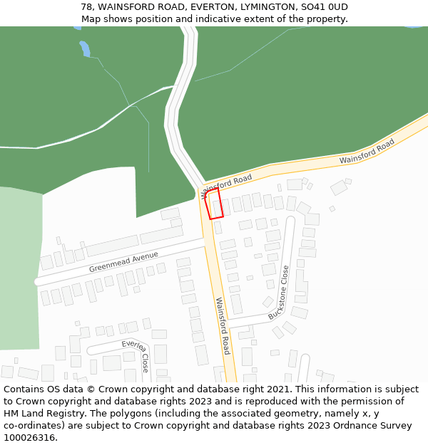 78, WAINSFORD ROAD, EVERTON, LYMINGTON, SO41 0UD: Location map and indicative extent of plot