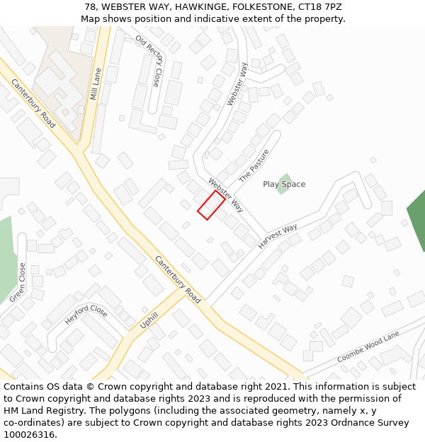 78, WEBSTER WAY, HAWKINGE, FOLKESTONE, CT18 7PZ: Location map and indicative extent of plot