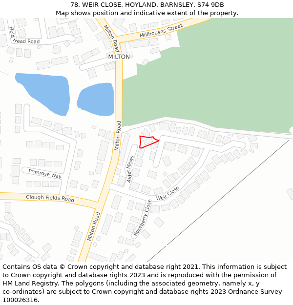 78, WEIR CLOSE, HOYLAND, BARNSLEY, S74 9DB: Location map and indicative extent of plot