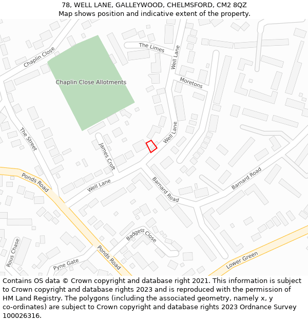 78, WELL LANE, GALLEYWOOD, CHELMSFORD, CM2 8QZ: Location map and indicative extent of plot