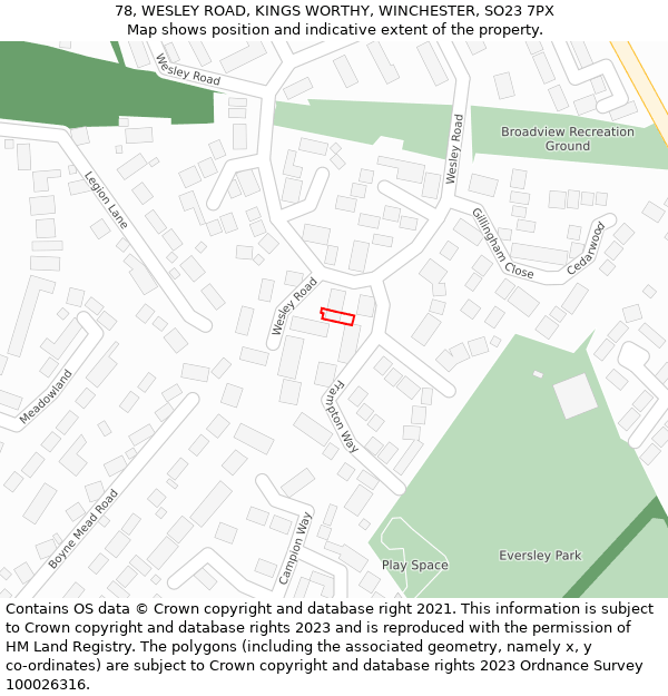 78, WESLEY ROAD, KINGS WORTHY, WINCHESTER, SO23 7PX: Location map and indicative extent of plot