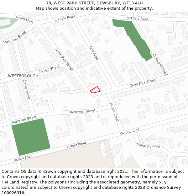 78, WEST PARK STREET, DEWSBURY, WF13 4LH: Location map and indicative extent of plot