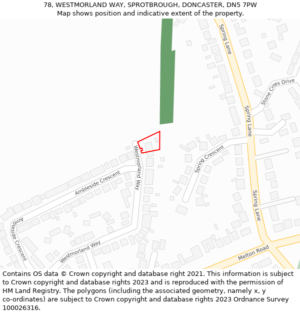 78, WESTMORLAND WAY, SPROTBROUGH, DONCASTER, DN5 7PW: Location map and indicative extent of plot