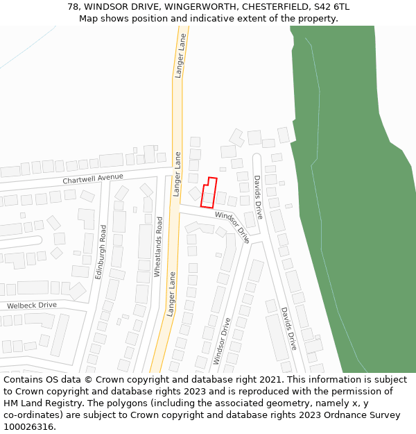 78, WINDSOR DRIVE, WINGERWORTH, CHESTERFIELD, S42 6TL: Location map and indicative extent of plot