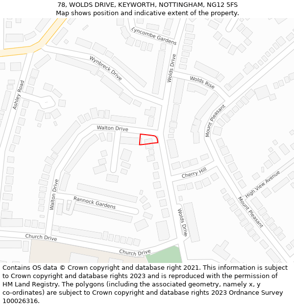 78, WOLDS DRIVE, KEYWORTH, NOTTINGHAM, NG12 5FS: Location map and indicative extent of plot