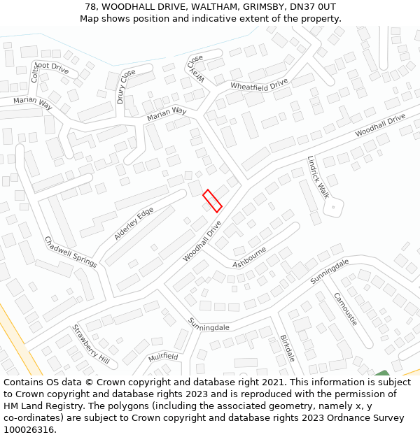 78, WOODHALL DRIVE, WALTHAM, GRIMSBY, DN37 0UT: Location map and indicative extent of plot