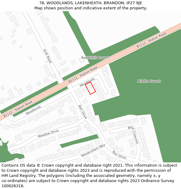 78, WOODLANDS, LAKENHEATH, BRANDON, IP27 9JE: Location map and indicative extent of plot