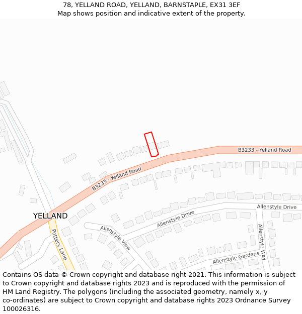 78, YELLAND ROAD, YELLAND, BARNSTAPLE, EX31 3EF: Location map and indicative extent of plot