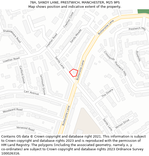 78A, SANDY LANE, PRESTWICH, MANCHESTER, M25 9PS: Location map and indicative extent of plot