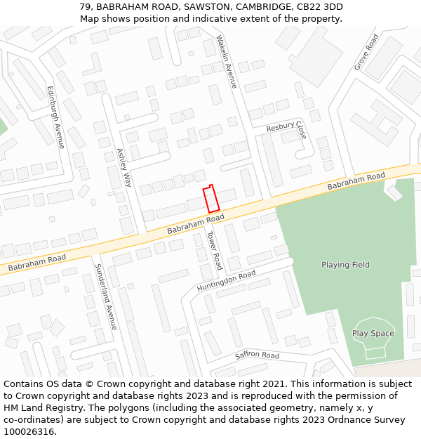 79, BABRAHAM ROAD, SAWSTON, CAMBRIDGE, CB22 3DD: Location map and indicative extent of plot