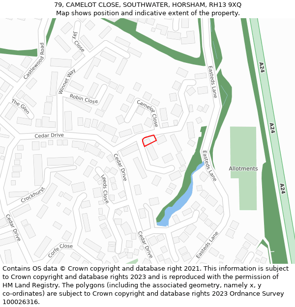 79, CAMELOT CLOSE, SOUTHWATER, HORSHAM, RH13 9XQ: Location map and indicative extent of plot