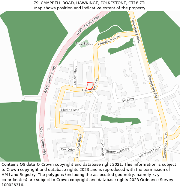 79, CAMPBELL ROAD, HAWKINGE, FOLKESTONE, CT18 7TL: Location map and indicative extent of plot