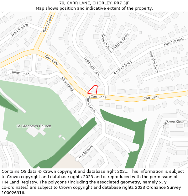 79, CARR LANE, CHORLEY, PR7 3JF: Location map and indicative extent of plot