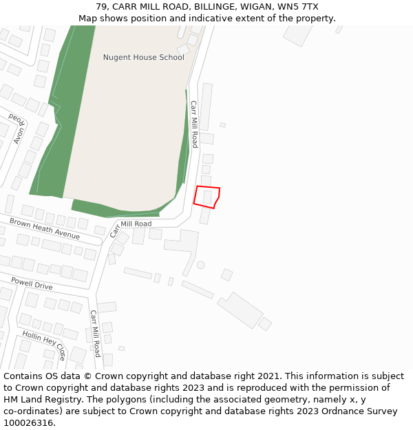 79, CARR MILL ROAD, BILLINGE, WIGAN, WN5 7TX: Location map and indicative extent of plot