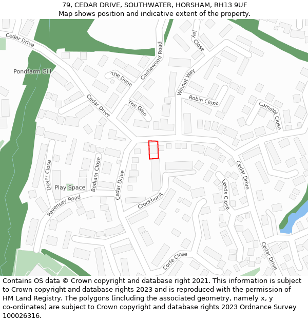 79, CEDAR DRIVE, SOUTHWATER, HORSHAM, RH13 9UF: Location map and indicative extent of plot