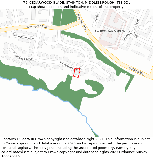 79, CEDARWOOD GLADE, STAINTON, MIDDLESBROUGH, TS8 9DL: Location map and indicative extent of plot