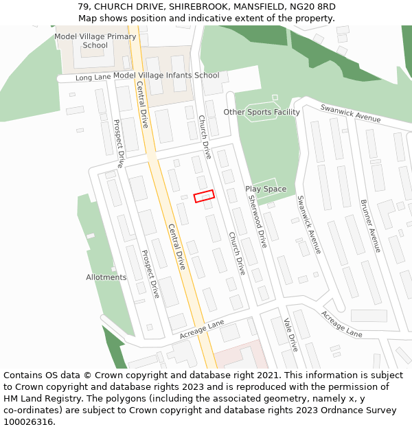 79, CHURCH DRIVE, SHIREBROOK, MANSFIELD, NG20 8RD: Location map and indicative extent of plot