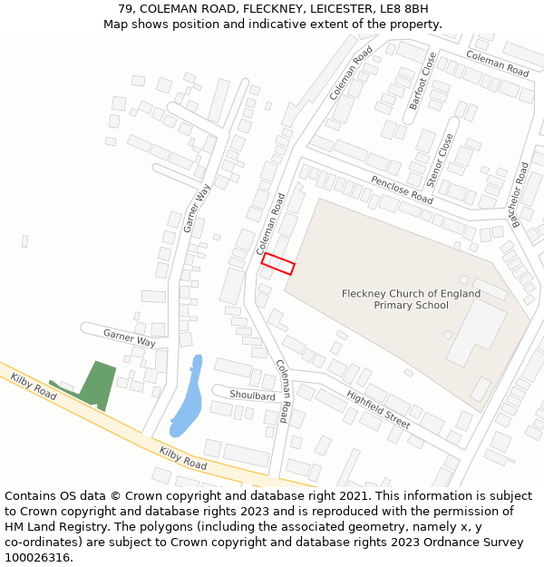 79, COLEMAN ROAD, FLECKNEY, LEICESTER, LE8 8BH: Location map and indicative extent of plot