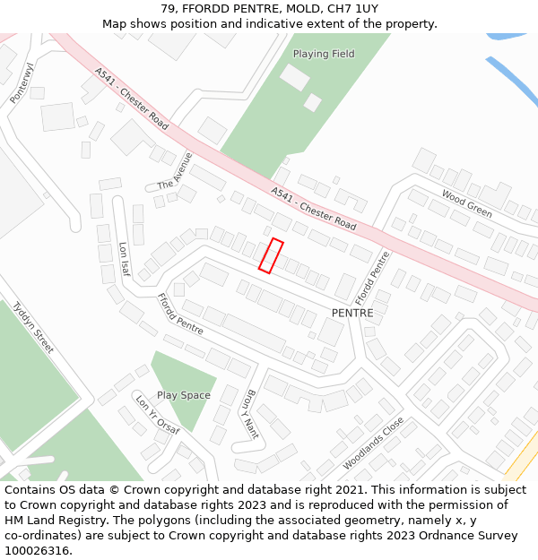 79, FFORDD PENTRE, MOLD, CH7 1UY: Location map and indicative extent of plot