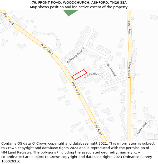 79, FRONT ROAD, WOODCHURCH, ASHFORD, TN26 3SA: Location map and indicative extent of plot