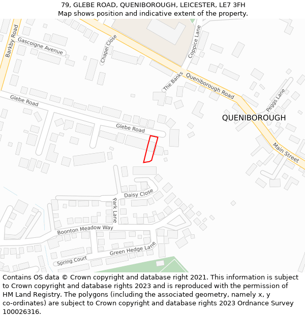 79, GLEBE ROAD, QUENIBOROUGH, LEICESTER, LE7 3FH: Location map and indicative extent of plot