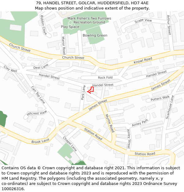 79, HANDEL STREET, GOLCAR, HUDDERSFIELD, HD7 4AE: Location map and indicative extent of plot