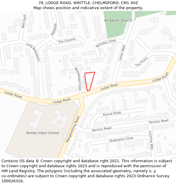 79, LODGE ROAD, WRITTLE, CHELMSFORD, CM1 3HZ: Location map and indicative extent of plot