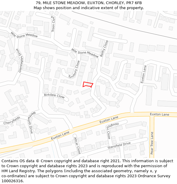 79, MILE STONE MEADOW, EUXTON, CHORLEY, PR7 6FB: Location map and indicative extent of plot